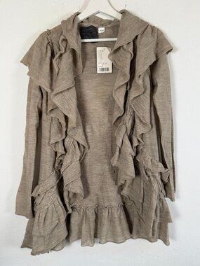 Guiniere Anthropologie Womens Gray Merino Wool Ruffle Waterfall Cardigan Large